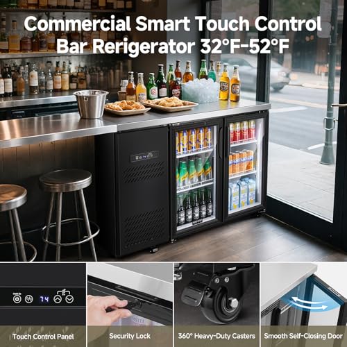 Image of BODEGACOOLER Commercial Back Bar Cooler with 2 Glass Doors,12 Cu.Ft Stainless Steel Commercial Counter Height Bar Refrigerator,Display Drink Beverage Beer Fridge LED Lighting,SUS304 Top,4 Casters