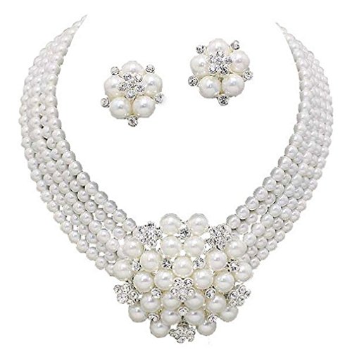 Elegant Statement White Pearl Cluster Crystal Bridal Silver Chain Necklace Set CLIP ON Earring