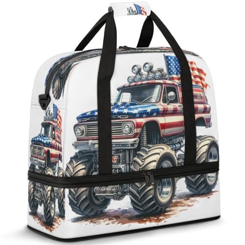Truck American Flag Travel Duffel Bags for Women & Men Large Sports Gym Bags Foldie Weekender Overnight Bag Carry On Tote Bag With Shoe Compartment Personal Item Luggage for Travel Sports Gym