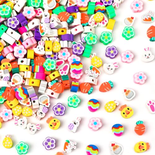 Augshy 300pcs Easter Polymer Clay Beads: Bunny Chick Egg Carrot Flower Shapes - Round Assorted Easter Colors for Bracelet Necklace Jewelry Making