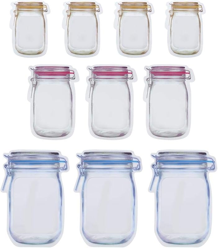 Mason Jar Pattern Food Storage Bags, 10 Pieces, Reusable Airtight Sealing, Transparent Plastic, 3 Sizes, for Snacks and Kitchen Organization