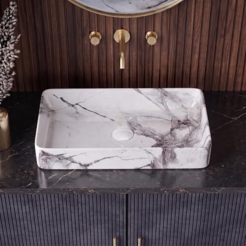 Image of Designer Table Top Wash Basin For Bathroom | Wash Basin Over Counter | Countertop Bathroom Sink (24 x 14 x 5 Inch) (Designer White Grey)