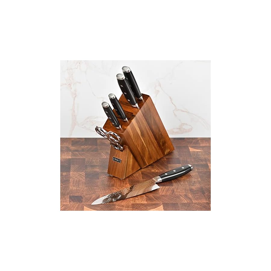 Enso-Knife-Set-Made-in-Japan-HD-Series-VG10-Hammered-Damascus-Japanese-Stainless-Steel-with-Slim-Acacia-Knife-Block-7-Piece Enso Knife Set - Made in Japan - HD Series - VG10 Hammered Damascus Japanese Stainless Steel with Slim Acacia Knife Block - 7 Piece