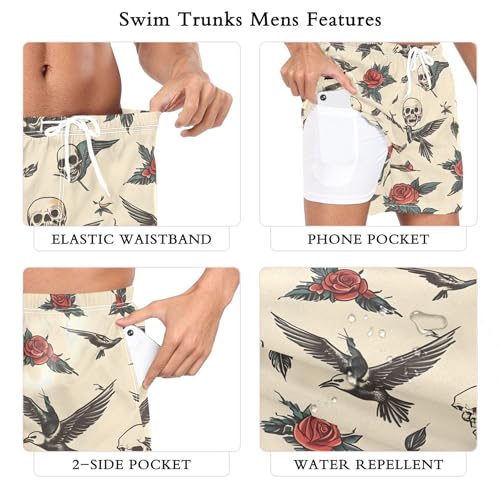 xigua Vintage Old-School Tattoo Mens Swim Trunks with Liner, 5 inch Quick Dry Mens Boardshorts for Beach3