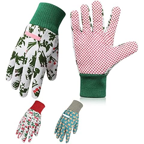 Gardening Gloves for Women 3 Pairs , Soft Breathable Cotton Gloves with PVC Dots for Floral Printed Work Gloves, Mechanic Gloves, Builders Gloves Cover