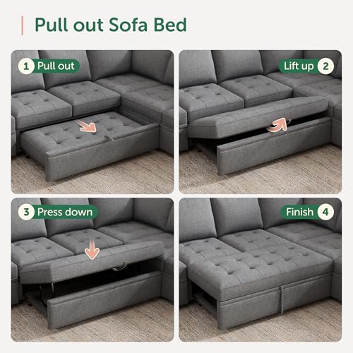 Image of HONBAY Modular Sectional Sofa with Pull Out Bed Convertible L Shaped Couch with Storage Seat Sleeper Sectional Couches for Living Room,Mid Grey