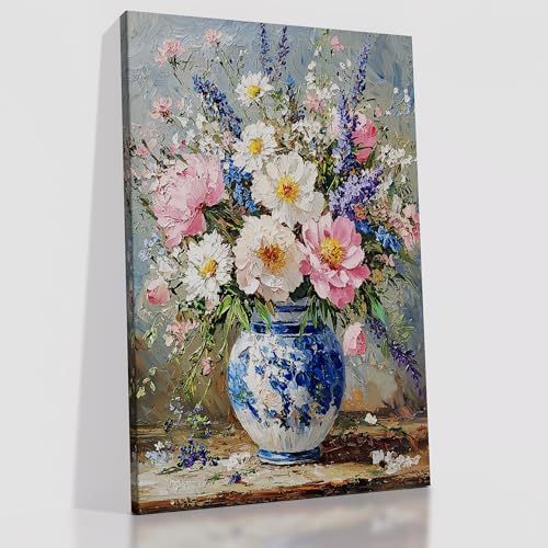 Vintage Floral Canvas Wall Art Colorful Wildflower Oil Painting Print Poster Classical French Country Farmhouse Wall Decor Artwork for Modern Home Bathroom Bedroom Office Ready to Hang [12''Wx18''H]