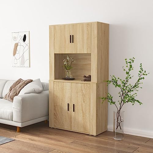 Mokuyary - Aparador alto roble Sonoma madera de ingeniería, aparador con compartimento para armario de almacenamiento, armario lateral de cocina para sala de estar, dormitorio -A