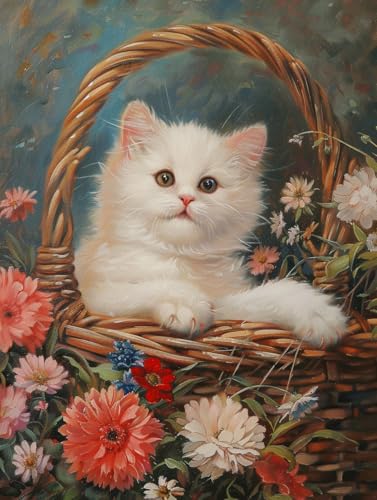Tableau Diamond Décoration Murale Idée Cadeau DIY Kit Complet Chat et Fleurs 40x50