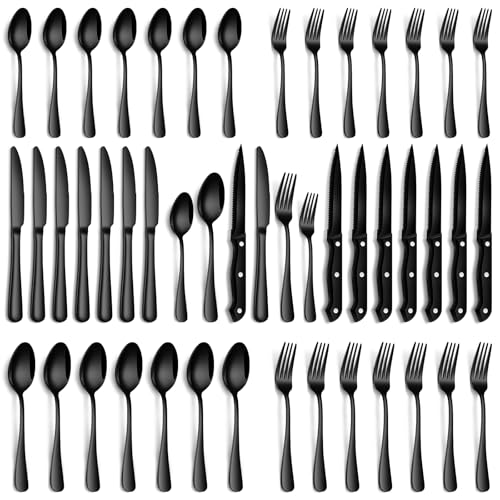 Black Silverware Set, 48-Piece Flatware Set with Steak Knives for...
