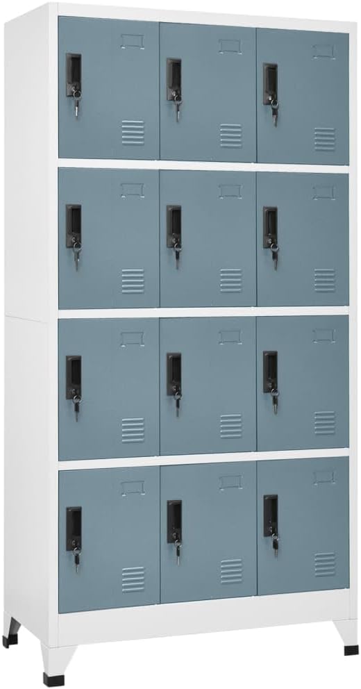 70.9" Tall Steel Metal Locker Storage Cabinet, Home Office Side Storage Cabinets Organizer with Lockable Door, 35.4"x17.7"x 70.9", Light Gray and Dark Gray/with 12 lockers,-976