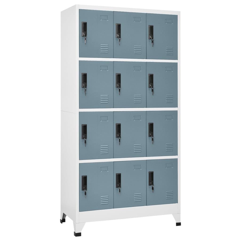 Armadietto in acciaio 90x45x180 cm Grigio Chiaro Scuro | Porte chiudibili con prese d'aria, portaetichette, ampio spazio di archiviazione per ufficio scuola