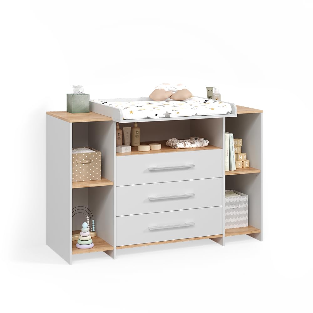 Livinity Cómoda Cambiador Torino, Roble Blanco/Dorado, con 3 cajones