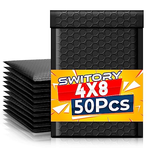 Switory Sobres acolchados A6, bolsas de embalaje de burbujas, 50 sobres de burbujas de polietileno de 4 x 7 pulgadas, sobres pequeños negros, sobres de burbujas, bolsas de polietileno forradas de