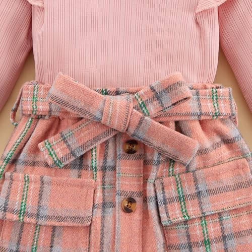 Image of Weixinbuy Toddler Girl Fall Winter Clothes Solid Long Sleeve Ribbed T-Shirt Knit Tops Plaid Button Mini Skirts Set Outfits