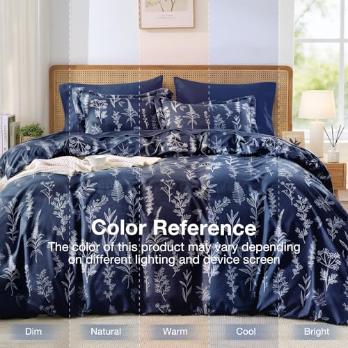Image of MUXHOMO Navy Blue Full Comforter Set, Elegant Floral Print Bed in a Bag 7 Pieces, Ultra Soft & Breathable Reversible Botanical Pattern Bedding Set with Comforter, Sheets, Pillowcases, and Shams