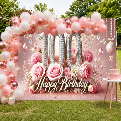 Image of Nuxovilar 100th Birthday Banner - Elegant Pink & Gold Floral Backdrop