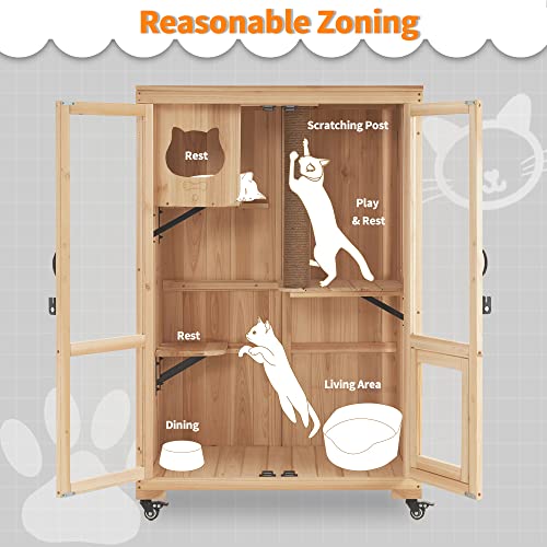Mcombo Luxury Cat House With Scratching Post, Wooden Large Cat Villa With Wheels, Multi-Feature Cat Condo With Escape Door, Cat Cages Enclosures With Shelter Indoor/Outdoor 6012-Ct83 (Natural) #TOP3
