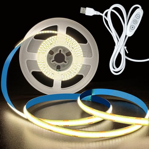 HEXJOSGL 5V USB COB LED Strip Lights Natural White 4000K 320LEDs/M 8mm Width Dimmable Flexible COB LED Tape Lights for TV Backlight Cupboard Display Shelves Mirror DIY Home Decor (Natural White, 2M)