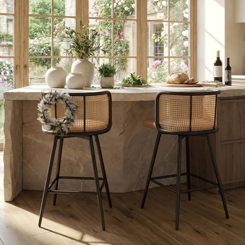 Image of 26 inch Swivel Rattan Bar Stools Set of 4, Counter Height Barstools, Brown | TYBOATLE, Farmhouse, Mid-Century Modern, Rattan Woven Back, Faux Leather Seat, Island, Kitchen