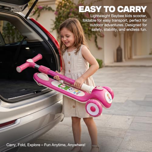 Image of Baybee Rydelle 3 Wheel Kick Scooter for Kids with LED Light Up Wheels & Music | Foldable, 3 Height Adjustable Kid Scooter Handle & Brake | Runner Scooters for Kids 2 to 10 Years Boys Girls (Red)