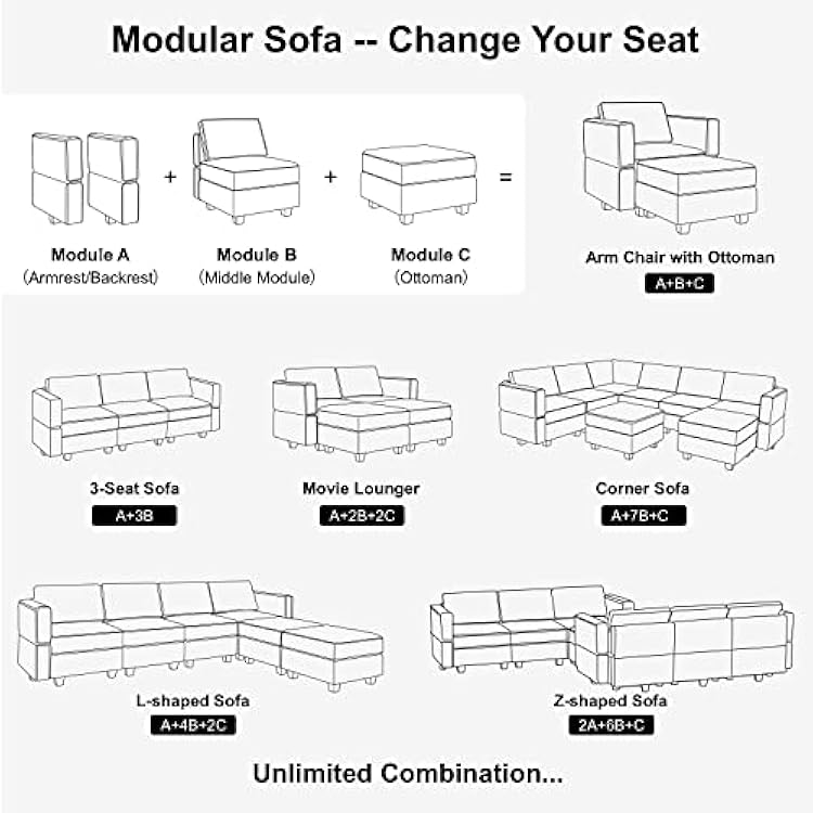 Belffin Terry Fabric Modular Sectional Sofa Storage Ottoman Module Couch Side Sectional Free Configuration Ottoman Black