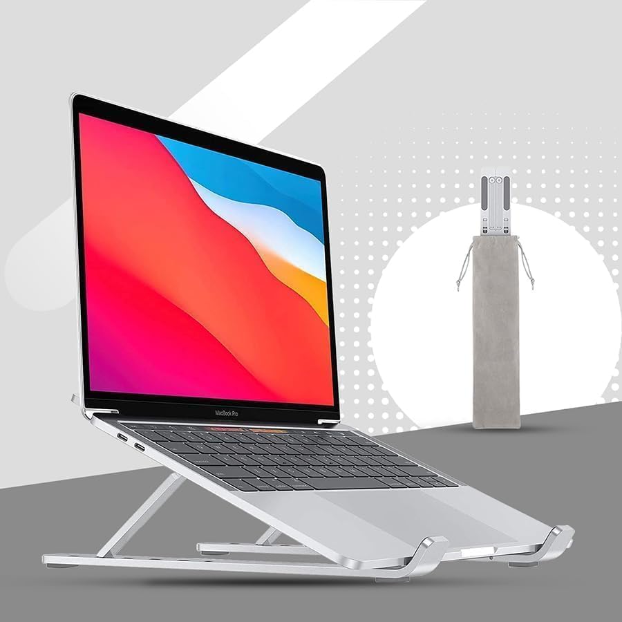 Image of Aluminum Adjustable Laptop Stand - Foldable Portable Laptop Holder with Multi-Angle Height Adjustment, Anti-Slip Cooling Design for MacBook, Notebook & All Laptops (Silver)