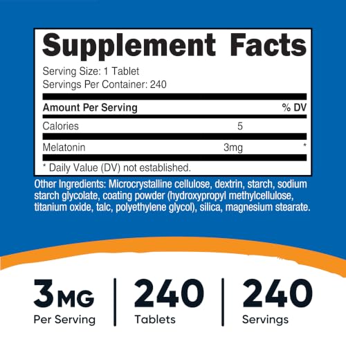 Image of Nutricost Melatonin 3mg, 240 Tablets - 3mg Per Serving, Non-GMO, Gluten Free