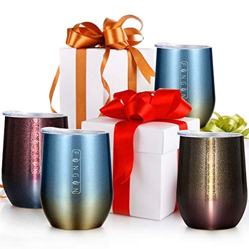 Stainless Steel Wine Tumbler with Lid, Fungun 4 Pack 12 OZ | Double Wall Vacuum Insulated Travel Tumbler Cup for Coffee, Wine, Cocktails, Ice Cream Cup With Lid and Straw