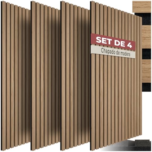 tectake® Paneles Acusticos Decorativos MDF, Chapa de Madera Real, Excelente Acústica, Tejido de Fieltro y Madera, Insonorización Acústica Pared - 60 x 120 x 2,1 cm 4 Paneles Roble