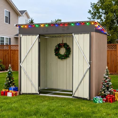 Jaxenor Gartenhaus Metall, 242×126×182cm, Gartenschrank Wasserdicht für Outdoor Terrasse, Gerätehaus, Garten Geräteschuppen Metall, Inkl Metallfundament (Ohne Boden), Braun