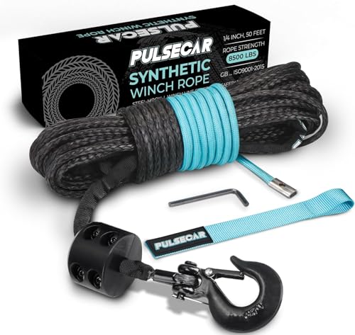 Pulsecar Synthetic Winch Rope Kit – 1/4'' x 50ft, 8,600 lbs Tested Towing Capacity – Heavy Duty Hook, Protective Sleeve, Rubber Stopper & Safety Pull Strap – Ideal for Off-Road ATV, UTV, 4x4 Vehicles