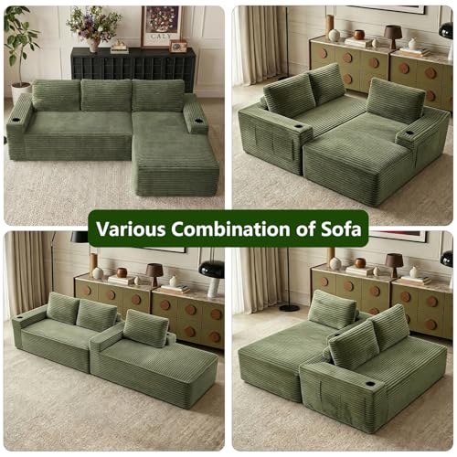 Image of 104.3 inch Modular Sectional Sofa,Modern Corduroy Cloud Couch with Cup Holder & Side Pockets,Boneless Couch Upholstered 4-Seater L-Shaped Sofa for Living Room,No Assembly (Green, Right-Facing Chaise) | with Cup Holder
