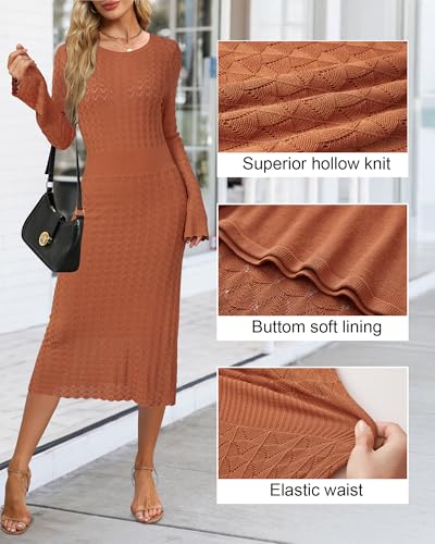 Image of Newshows Women's Hollow Slim Summer Fall Church Work Casual Sweater Dress | Machine Washable Knit Sweater Fabric, Hollow Design, Bell Sleeve, Business Casual, Church Teacher Outfits, Modest Dress