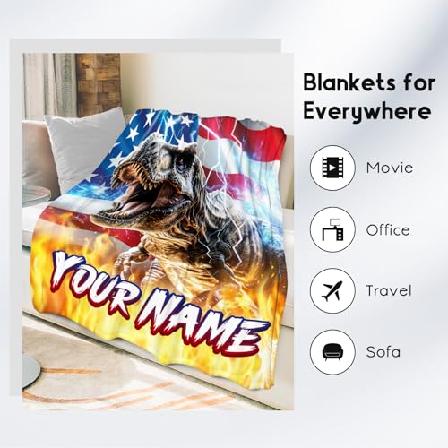 Dinosaur Blanket - Personalized Blankets for Boys Men - Custom Gifts with Name - Soft Flannel Throw for Couch, Bed - 4 Sizes
