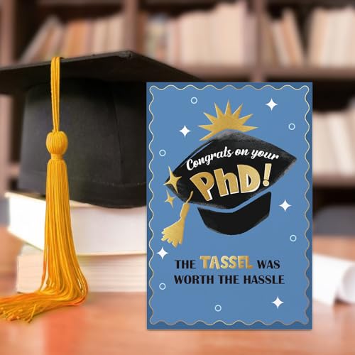 Image of FLYAB Phd Graduation Gift - 5.5 inchx8 inch Phd Graduation Card with Envelope Gold Foil Design The Tassel Was Worth The Hassle Congrats Grad Card for Her Him Men Women Daughter Son Granddaughter Grandson