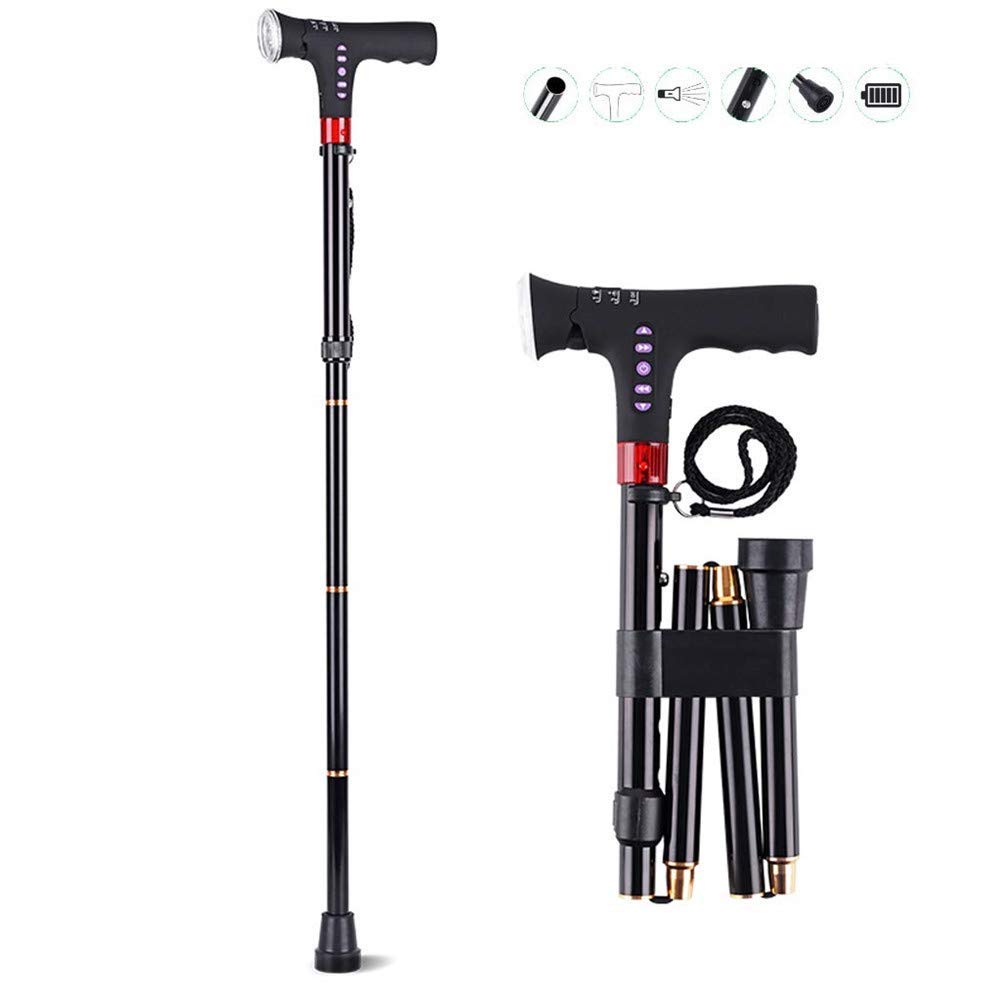 SGSG Bastón Inteligente con luz LED, Alarma de Seguridad, Dos Asas: Plegable, Ajustable de 79-89 cm, bastón Ligero para Hombres o Mujeres Bastón Inteligente, para discapacitados y ancia