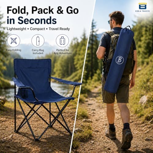 Image of Foldable Camping Chair with Armrest & Cup Holder, Portable Outdoor Chair with Carry Bag for Camping, Picnic, Fishing & Travel - Navy