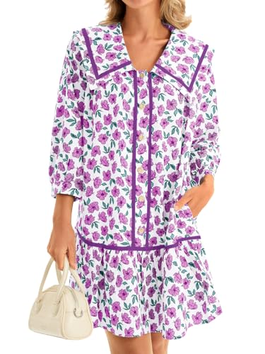 Image of Wenrine Womens Casual Shirt Dresses 3 /4 Long Sleeve Floral Button Down Flowy Babydoll Fall Mini Dress