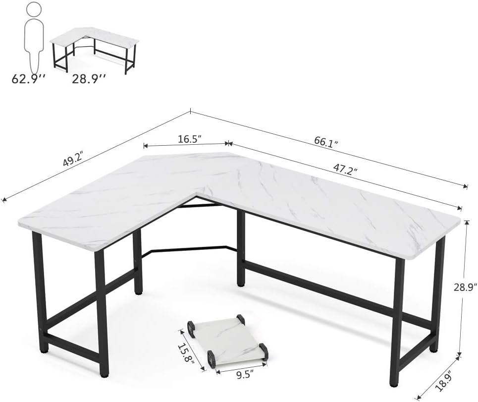 Tribesigns Modern L-Shaped Desk, Corner Computer Desk PC Laptop Gaming Table Workstation for Home Office, White Faux Marble/Black Metal Frame : Home & Kitchen