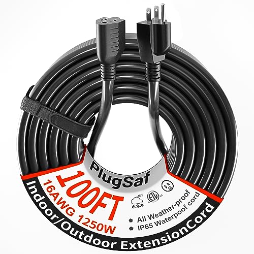 PlugSaf 16 Gauge 100 FT Extension Cord Outdoor Waterproof, 16/3 SJTW Cold Weatherproof -58°F, Flame Retardant, Flexible 3 Prong Black Electric Cord Outside,10A 1250W 16AWG, ETL Listed