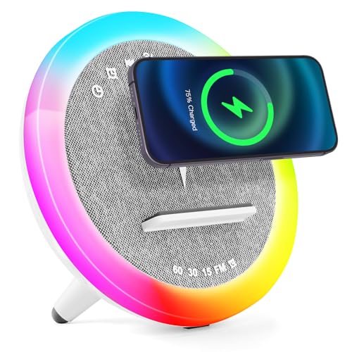 BatdTech Lámpara de carga inalámbrica 15W, luz nocturna RGB multifuncional, estación de carga inalámbrica, altavoz Bluetooth, despertador digital para dormitorio/camping