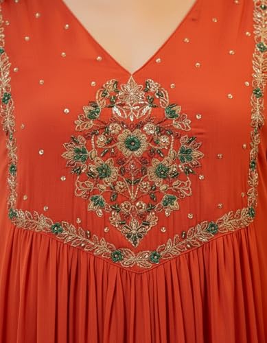 Image of Amazon Brand - Tavasya Women's Silk Chiffon Embroidered A-Line Kurta Set with Rayon Pant and Silk Chiffon Laced Dupatta | Kurti Set for Women