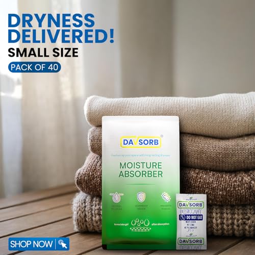 Image of DAVSORB Dehumidifier Room Moisture Absorber, Pack of 40-5gm Small Size Sachets (40x5=200gm) for Home, Washrooms, Wardrobes, Storage Areas & Shoe Racks; Fights Excess Moisture & Prevents Moulds