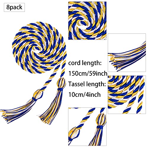 Image of Trounistro 8 Pieces Graduation Cords Yarn Honor Cords with Tassel for College Graduation Students (Gold Blue with White)