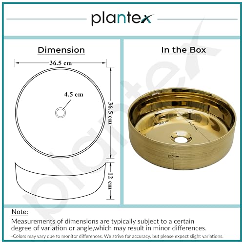 Image of Plantex Ceramic Washbasin /Tabletop Wash Basin /Countertop Vessel Sink for Bathroom /Livingroom Decor - Indo-European Collection (Gold -14.4 x 14.4 x 5 Inch)