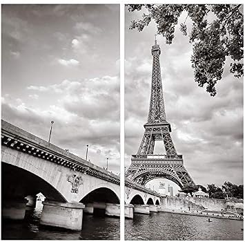 Paris Canvas Wall Art Decor - 2 Piece Set, Decorative Multi Panel Split Prints - Black & White Eiffel Tower Picture for Living Room, Kitchen, Bedroom, Office & Home Decor Gift