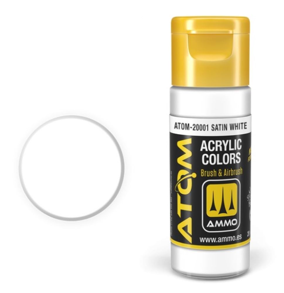 AMMO of Mig Jimenez S.L Atom: Satin White Acrylic Paint 20ml Bottle