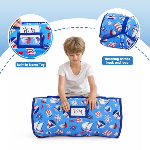 Image of Viviland Toddler Kid Nap Mat for Preschool, Boys Blue Bottomed Sailboat Slumber Bag, Daycare Sleeping Bag with Pillow and Blanket, Kindergarten Sleep Mat