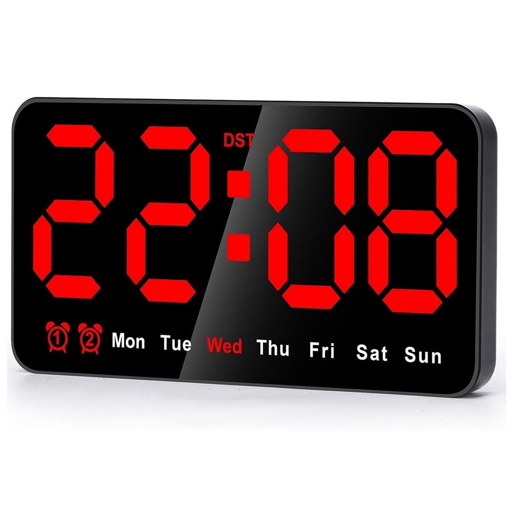 Reloj de pared digital, reloj digital LED de 9 pulgadas, gran pantalla con 12/24 horas, dígitos, pequeño reloj de pared silencioso, fácil de usar, 21,5 x 3 x 11 cm (rojo)